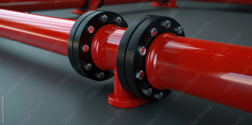 An industrial water pipe with a red tube and two black steel bars. An industrial water pipe with a red tube and two black steel bars.