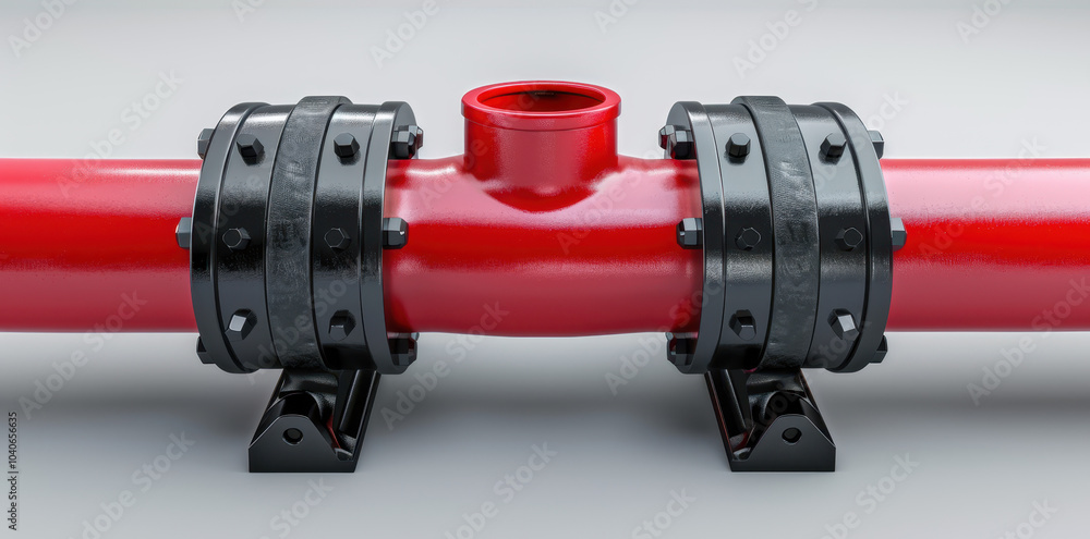 An industrial water pipe with a red tube and two black steel bars. An industrial water pipe with a red tube and two black steel bars.