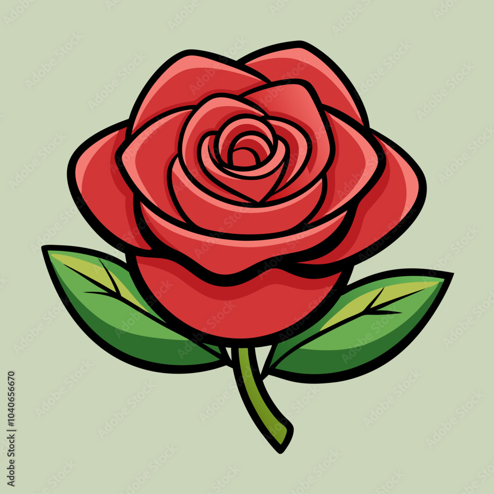 A beautifully detailed digital vector illustration of a single rose in full bloom, featuring intricate layers of soft, delicate petals. The petals gradually transition from a deep, velvety red at the A beautifully detailed digital vector illustration of a single rose in full bloom, featuring intricate layers of soft, delicate petals. The petals gradually transition from a deep, velvety red at the