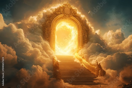 Obraz na płótnie Fantasy illustration of stairs to a divine gateway w salonie
