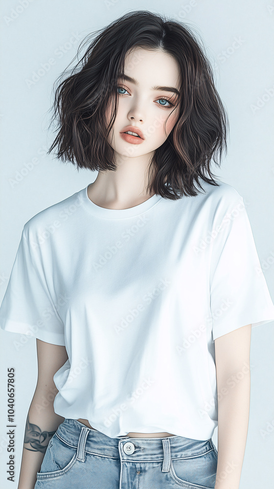 attractive woman modeling a white t-shirt against a light background. White t-shirt mockup. attractive woman modeling a white t-shirt against a light background. White t-shirt mockup.
