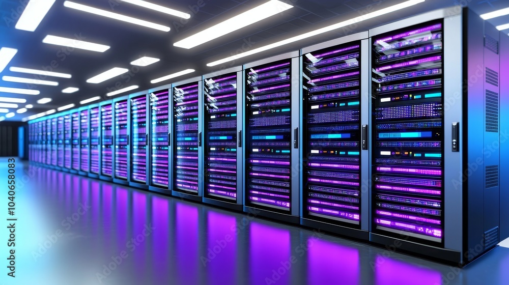 An image of a dark data center with multiple rows of fully functional server racks. Modern telecommunications, cloud computing, stock, database, supercomputer. Neon pink lights. An image of a dark data center with multiple rows of fully functional server racks. Modern telecommunications, cloud computing, stock, database, supercomputer. Neon pink lights.