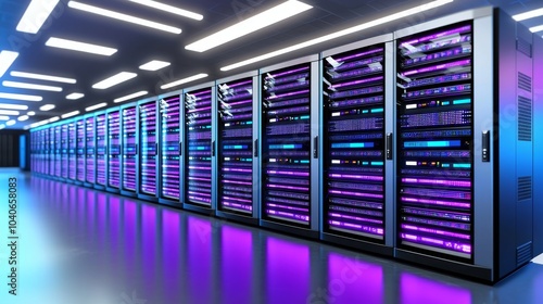 An image of a dark data center with multiple rows of fully functional server racks. Modern telecommunications, cloud computing, stock, database, supercomputer. Neon pink lights.