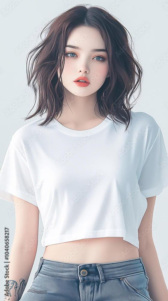 attractive woman modeling a white t-shirt against a light background. White t-shirt mockup. attractive woman modeling a white t-shirt against a light background. White t-shirt mockup.