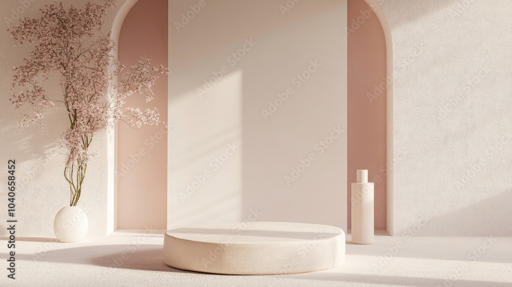 Commercial setting featuring a minimal abstract backdrop ideal for cosmetic product showcases 3D display podium on a soft pastel background presenting a geometric platform for product presentation Commercial setting featuring a minimal abstract backdrop ideal for cosmetic product showcases 3D display podium on a soft pastel background presenting a geometric platform for product presentation