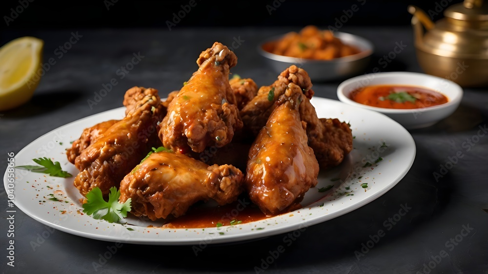 A tempting display of crispy chicken wings on a plate, decorated with aromatic herbs.