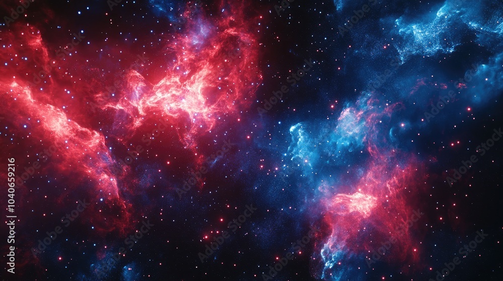 3D render featuring red and blue fireworks against an abstract cosmic background illustrating the beauty of the universe with elements like the big bang galaxy falling stars celestial phenomena an 3D render featuring red and blue fireworks against an abstract cosmic background illustrating the beauty of the universe with elements like the big bang galaxy falling stars celestial phenomena an