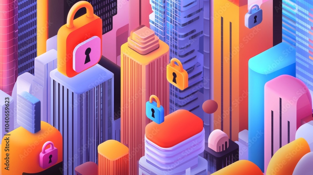 An abstract design with colorful locks and security symbols symbolizes data protection and cybersecurity. An abstract design with colorful locks and security symbols symbolizes data protection and cybersecurity.