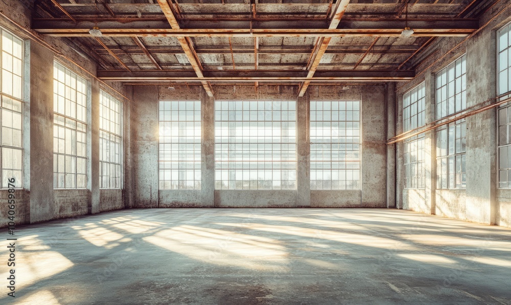 A spacious warehouse with large windows showcasing exposed beams and a bright, airy atmosphere illuminated by natural light A spacious warehouse with large windows showcasing exposed beams and a bright, airy atmosphere illuminated by natural light