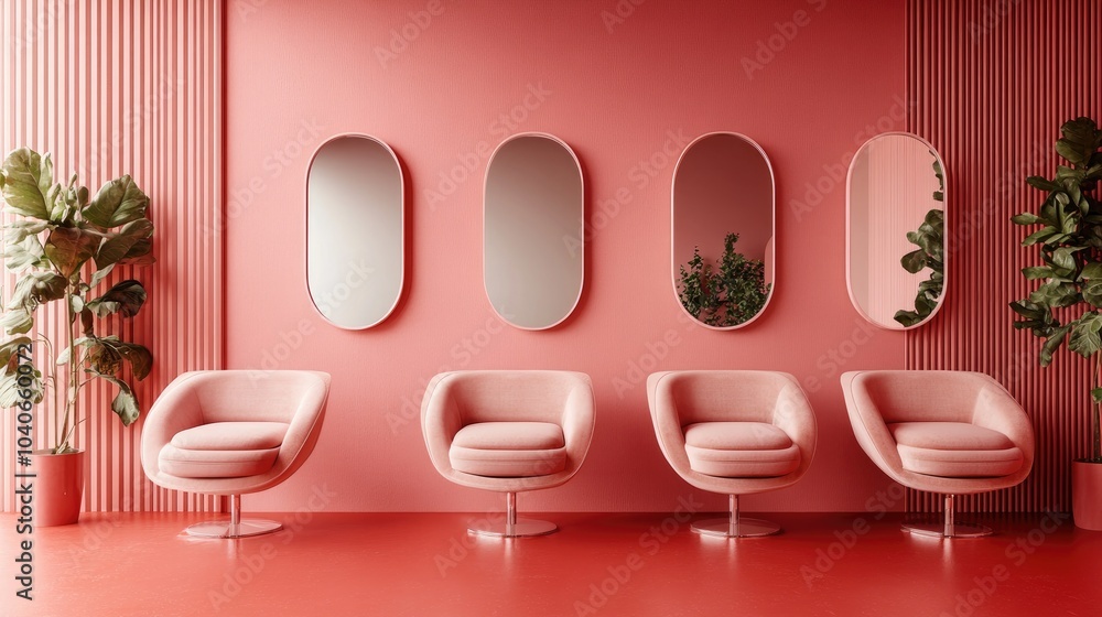 Interior of a contemporary beauty salon featuring pink walls a red floor cozy pink armchairs and oval mirrors positioned in front of them 3D rendering Interior of a contemporary beauty salon featuring pink walls a red floor cozy pink armchairs and oval mirrors positioned in front of them 3D rendering