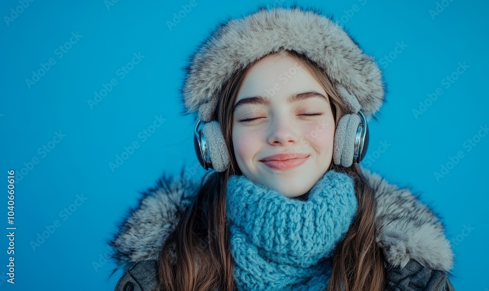 Happy woman in winter clothes and fur earmuffs on blue background Happy woman in winter clothes and fur earmuffs on blue background