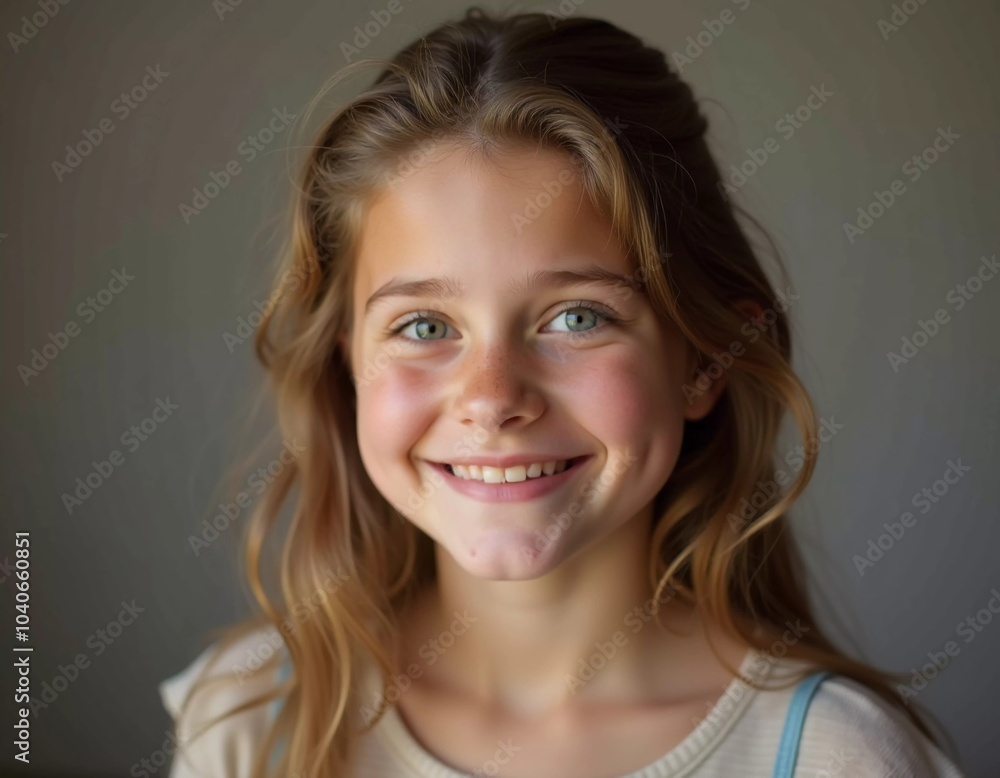 A young Caucasian girl with beautiful eyes and wavy hair stands smiling softly. Her playful demeanor shines through as she poses in a cozy indoor setting in France. Generative AI A young Caucasian girl with beautiful eyes and wavy hair stands smiling softly. Her playful demeanor shines through as she poses in a cozy indoor setting in France. Generative AI