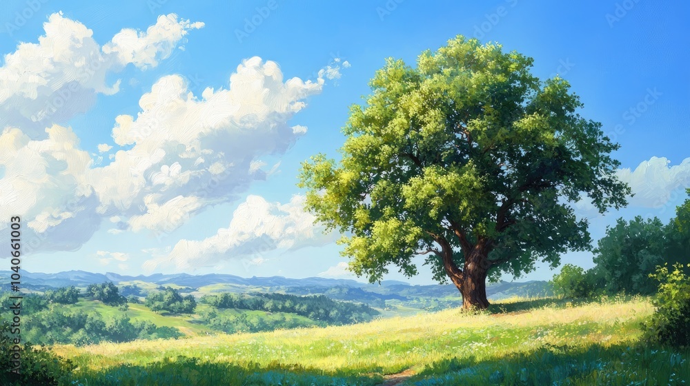 Oil painting of a picturesque landscape showcasing a grand tree surrounded by lush greenery beneath a bright blue sky Oil painting of a picturesque landscape showcasing a grand tree surrounded by lush greenery beneath a bright blue sky