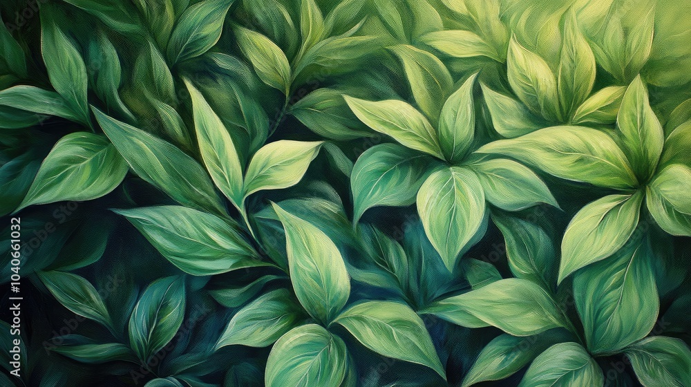 Oil painting depicting lush green leaves in a garden setting ideal for spring themed backgrounds and environmental wallpapers showcasing natural greenery and vibrant foliage Oil painting depicting lush green leaves in a garden setting ideal for spring themed backgrounds and environmental wallpapers showcasing natural greenery and vibrant foliage