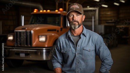 Man in blue shirt poses confidently with orange truck inside a barn during the day