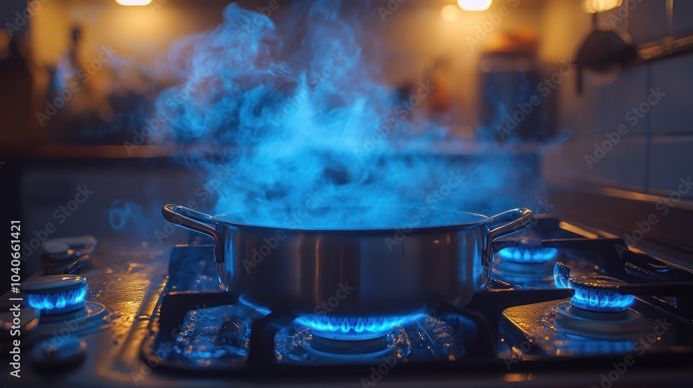 A pot on the stove emits blue steam in a kitchen setting. A pot on the stove emits blue steam in a kitchen setting.