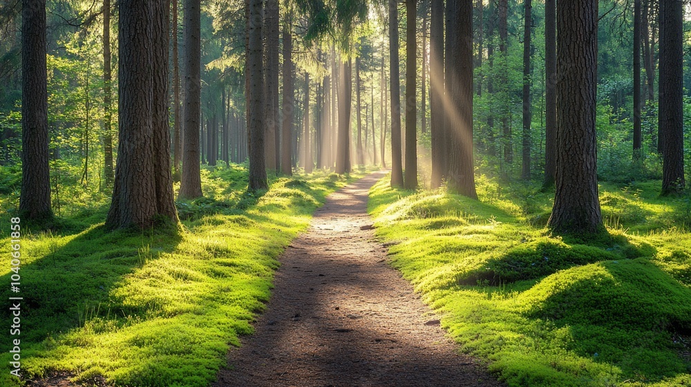 Sun rays illuminate a path through a dense forest, casting long shadows on the mossy ground. Sun rays illuminate a path through a dense forest, casting long shadows on the mossy ground.