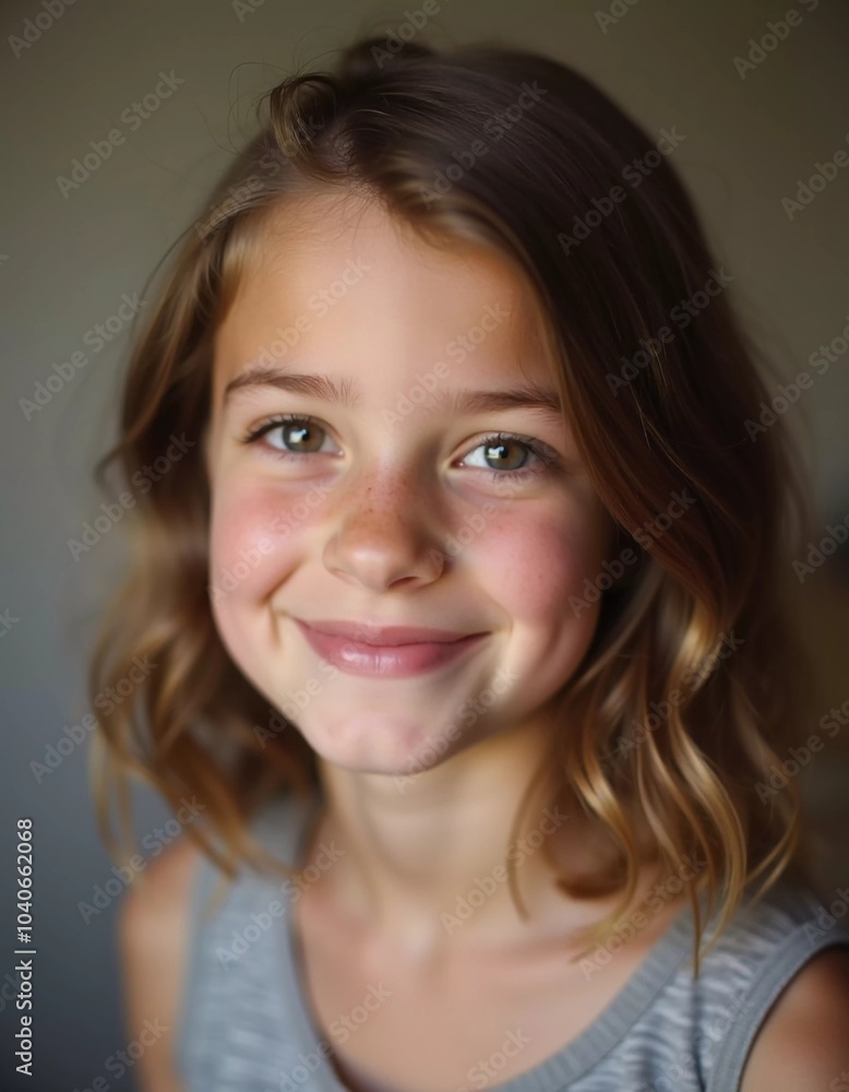 A young Caucasian girl with beautiful eyes and wavy hair stands smiling softly. Her playful demeanor shines through as she poses in a cozy indoor setting in France. Generative AI A young Caucasian girl with beautiful eyes and wavy hair stands smiling softly. Her playful demeanor shines through as she poses in a cozy indoor setting in France. Generative AI