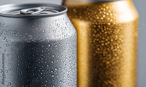 A close-up of two metallic drink cans, one silver and one gold, covered in condensation droplets. The minimalist design emphasizes the sleek, reflective surfaces of the cans photo