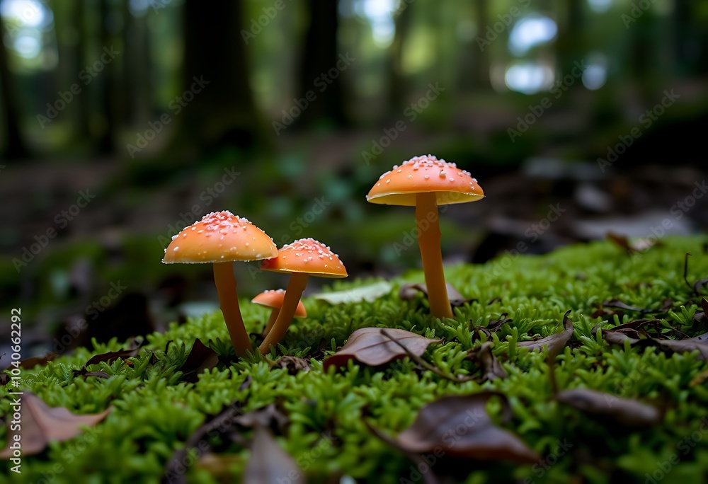 White and orange cap mushrooms growing in the woods White and orange cap mushrooms growing in the woods