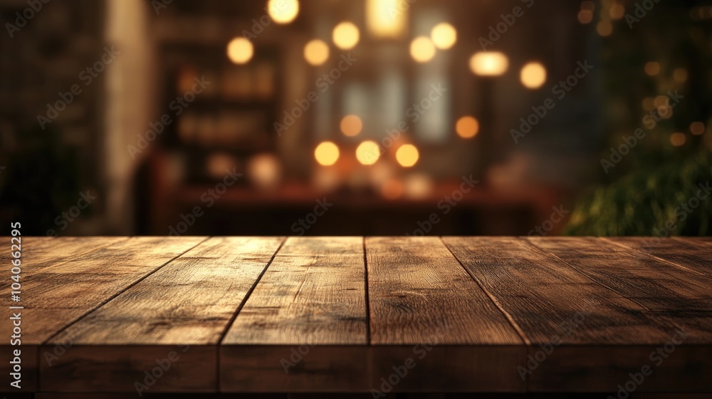 3D rendering of an empty wooden table with a blurred dining environment in the background 3D rendering of an empty wooden table with a blurred dining environment in the background
