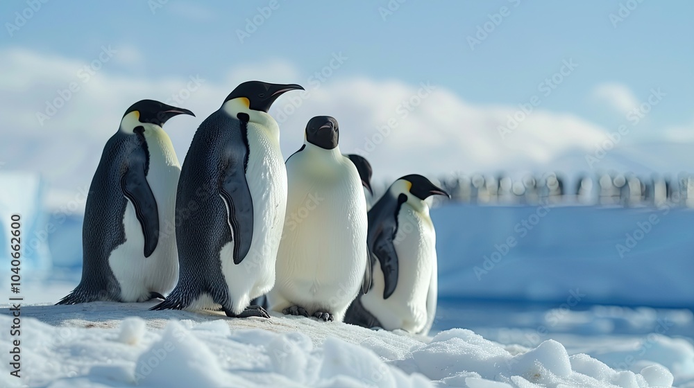 Fototapeta premium A group of emperor penguins huddling together on the Antarctic ice, surrounded by a snowy expanse and icy blue waters in the distance