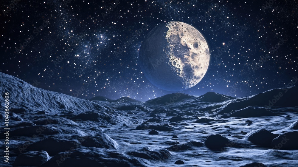 Moon in the night sky represented in 3D cartoon rendering Moon in the night sky represented in 3D cartoon rendering