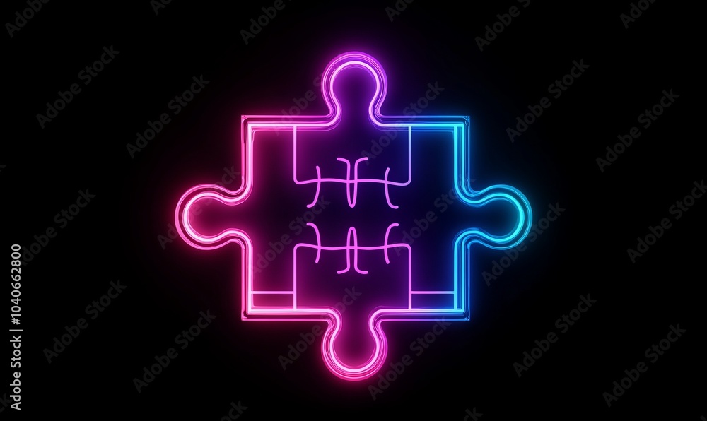 Neon silhouette of interconnected puzzle pieces surrounded by glowing outlines isolated on black background Neon silhouette of interconnected puzzle pieces surrounded by glowing outlines isolated on black background