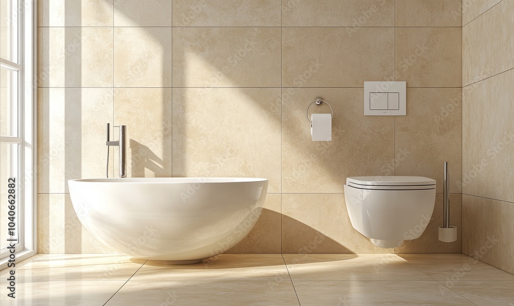 Modern, luxury wall hung toilet bowl, closed seat with dual flush, reeded glass partition, bidet, tissue paper holder, white bathtub on granite tile floor in sunlight on beige wall background Modern, luxury wall hung toilet bowl, closed seat with dual flush, reeded glass partition, bidet, tissue paper holder, white bathtub on granite tile floor in sunlight on beige wall background