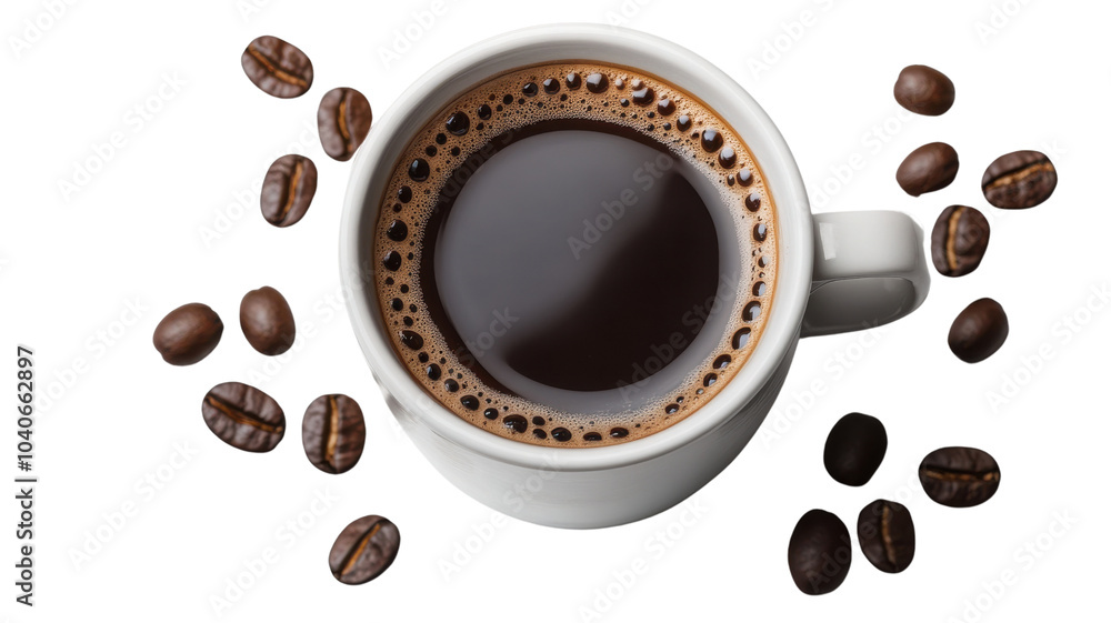 Obraz premium A steaming cup of coffee surrounded by fresh coffee beans, perfect for morning rituals or cozy gatherings isolated on transparent background.