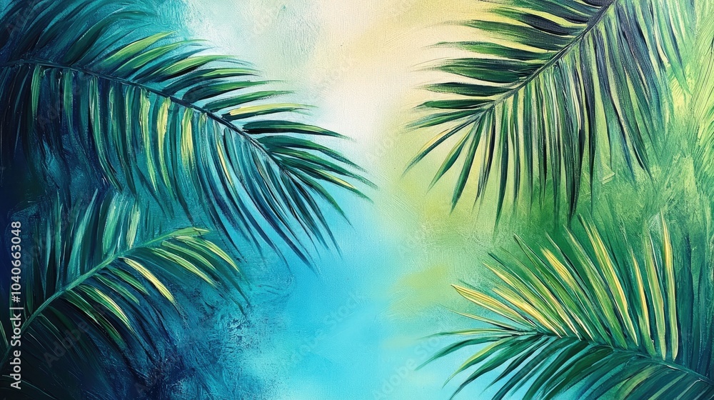 Oil painting of palm leaves set in a tropical nature scene Oil painting of palm leaves set in a tropical nature scene