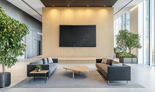 Modern minimalist office aesthetic large TV screen wall mounting technology innovation concept upscale corporate lobby design cool calm serene focus attention grabber statement piece center attraction