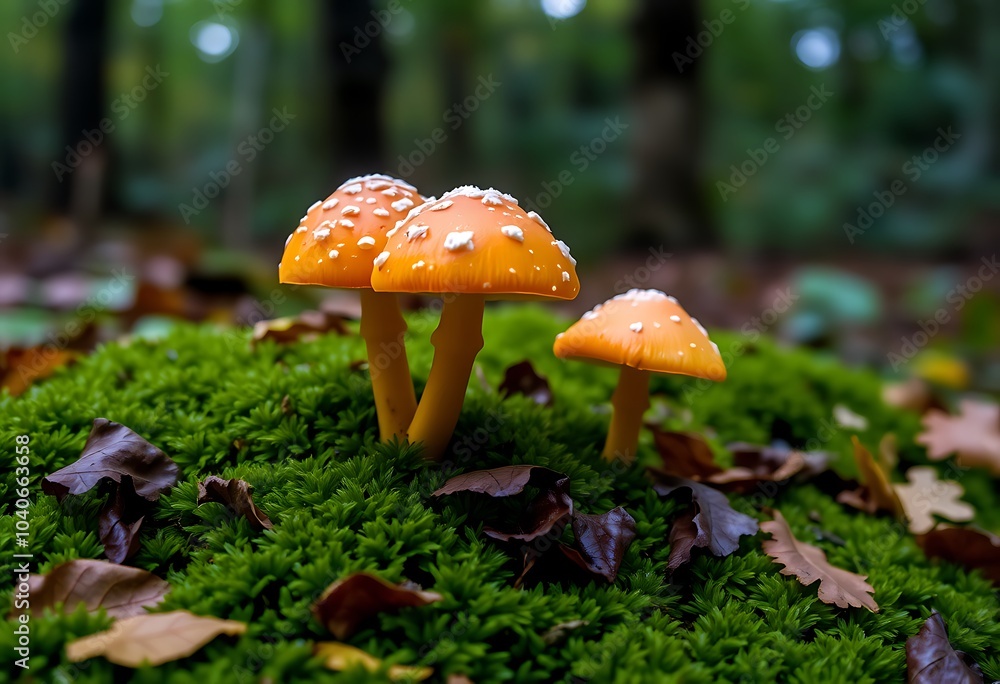 White and orange cap mushrooms growing in the woods White and orange cap mushrooms growing in the woods