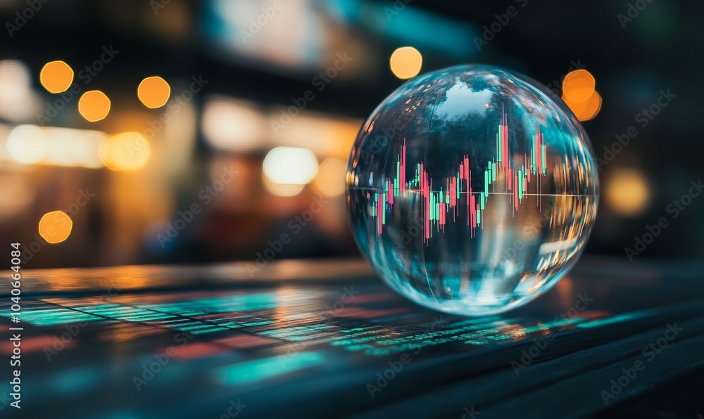 investor prediction, forecasting, stock market chart with candlestick in the crystal globe investor prediction, forecasting, stock market chart with candlestick in the crystal globe