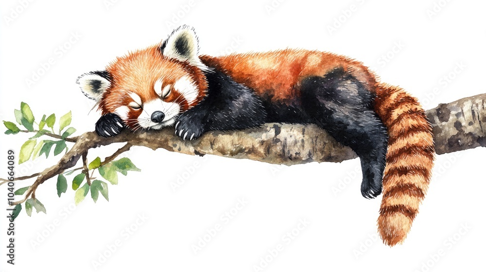 Obraz premium Red panda resting on a tree branch Watercolor illustration Hand drawn Ailurus fulgens Adorable lesser panda in a natural setting on a white background Amusing endemic mammal