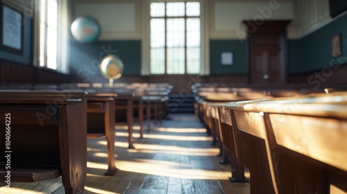 Bright Classroom with Wooden Desks and Globe Illuminated by Sunlight