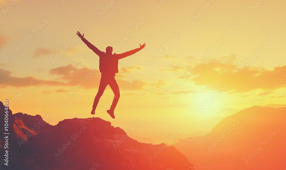 Happy man raising his arms jumping to the top of the mountain, successful businessman celebrating success on the cliff, business success concept silhouette backliе Happy man raising his arms jumping to the top of the mountain, successful businessman celebrating success on the cliff, business success concept silhouette backliе