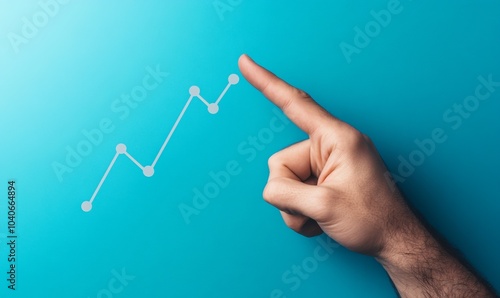 Hand points to rising curve on blue background capturing optimism and growth in minimalistic design