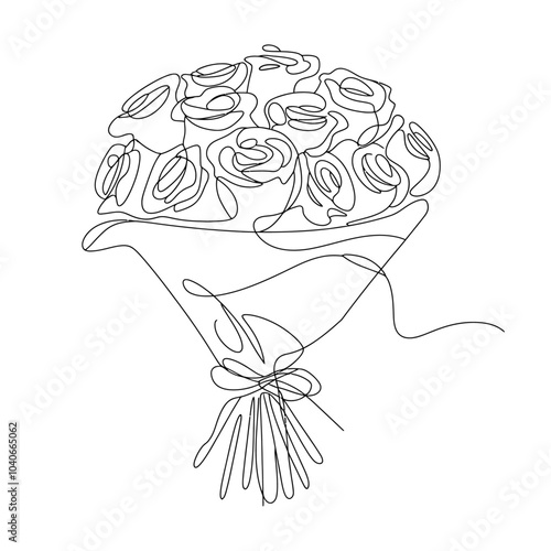 Elegant Line Art Bouquet: A Minimalist Top-Down View of Roses Wrapped in Ribbon, Vector Illustration