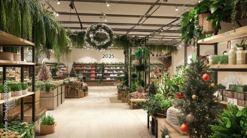 Elegant indoor plant shop adorned for the holidays