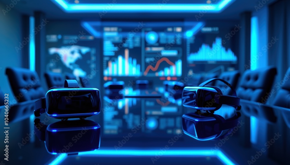 Futuristic Virtual Meeting Room with VR Headsets and Holograms Futuristic Virtual Meeting Room with VR Headsets and Holograms