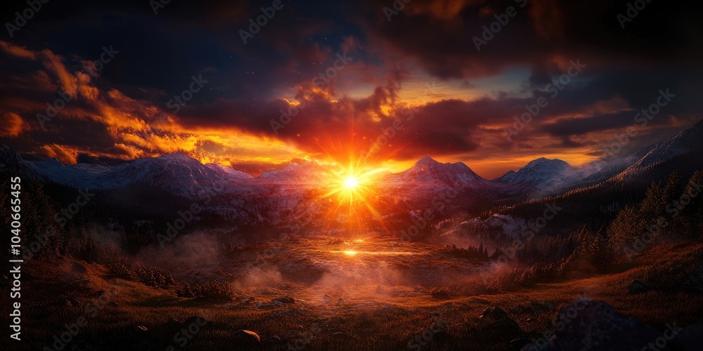 Winter sunset over Chocholowska Valley in the Tatra Mountains, Winter sunset over a mountain valley Winter sunset over Chocholowska Valley in the Tatra Mountains, Winter sunset over a mountain valley