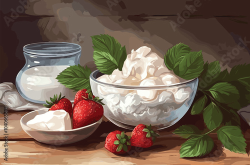 Still life with natural cottage cheese with fresh ripe