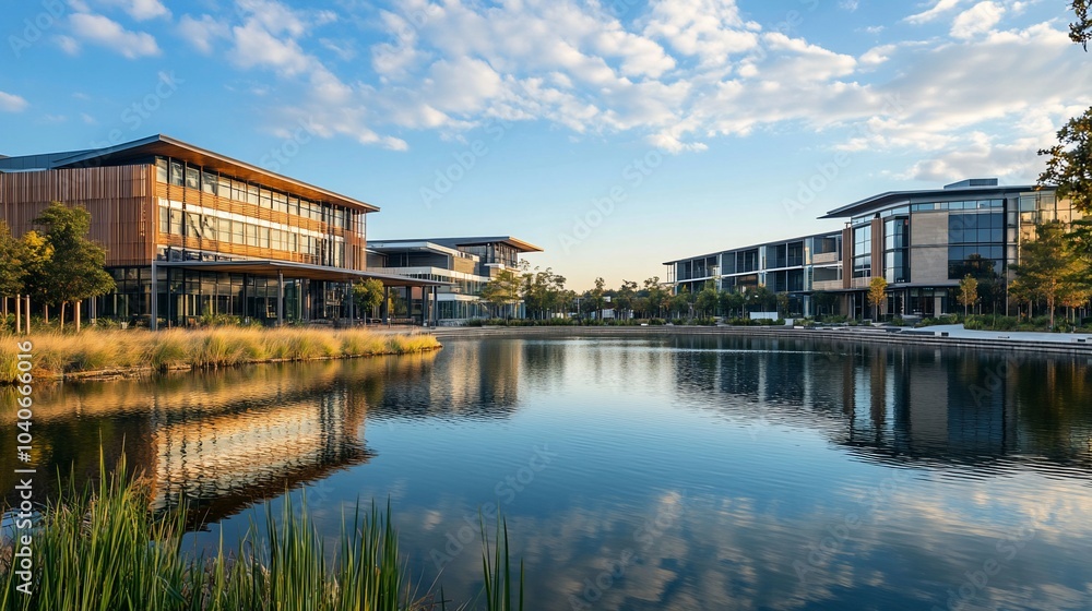 Obraz premium Modern office buildings with a pond and lush greenery in the foreground, reflecting the sky and clouds in the water.
