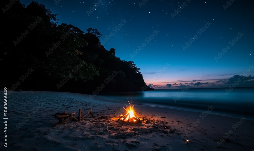 A serene beach at night with a glowing campfire under a starlit sky, perfect for a peaceful and relaxing getaway A serene beach at night with a glowing campfire under a starlit sky, perfect for a peaceful and relaxing getaway
