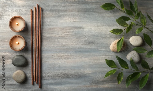 A serene background featuring joss sticks, candlelight, stones, fresh leaves on wood, ideal for meditation, yoga, and well-being activities with copy space image available. photo