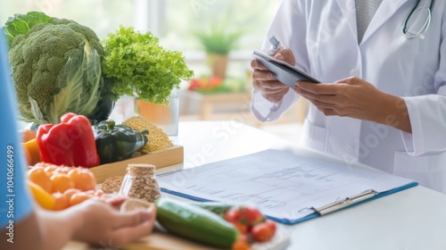 A dietitian discussing a personalized nutrition plan with a patient in an office, with healthy food samples and dietary charts visible, Personalized style
