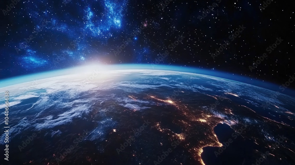 Panoramic view of the Earth stars and galaxy in 3D cartoon rendering Planet Earth as seen from space Space fantasy Panoramic view of the Earth stars and galaxy in 3D cartoon rendering Planet Earth as seen from space Space fantasy