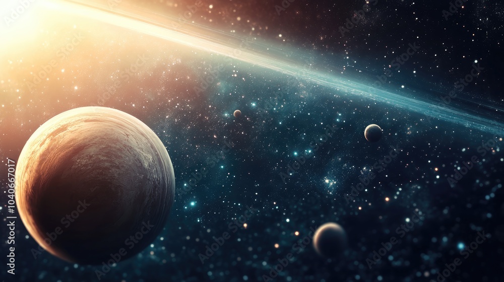 Panoramic view of planets in a distant solar system in space with 3D cartoon rendering Panoramic view of planets in a distant solar system in space with 3D cartoon rendering