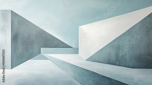 Original oil painting featuring a widescreen background in a minimalistic style showcasing geometric shapes of light and shadow in grey blue tones ideal for product presentations